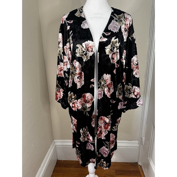 Velvet Floral and Black Long Cardigan Women's XL Long Sleeve Open Front - Picture 1 of 3